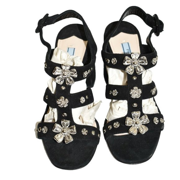 $1100 PRADA Suede Block-Heel Ankle-Strap Sandal FLORAL STUDS SILVER 35.5 (B26) - Picture 1 of 8